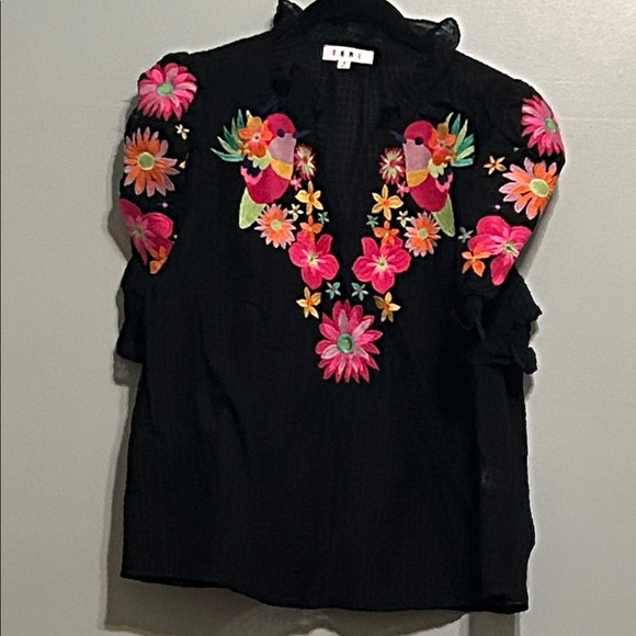 THML Black Blouse with Bright Floral & Bird Embroidery - Picture 2 of 5